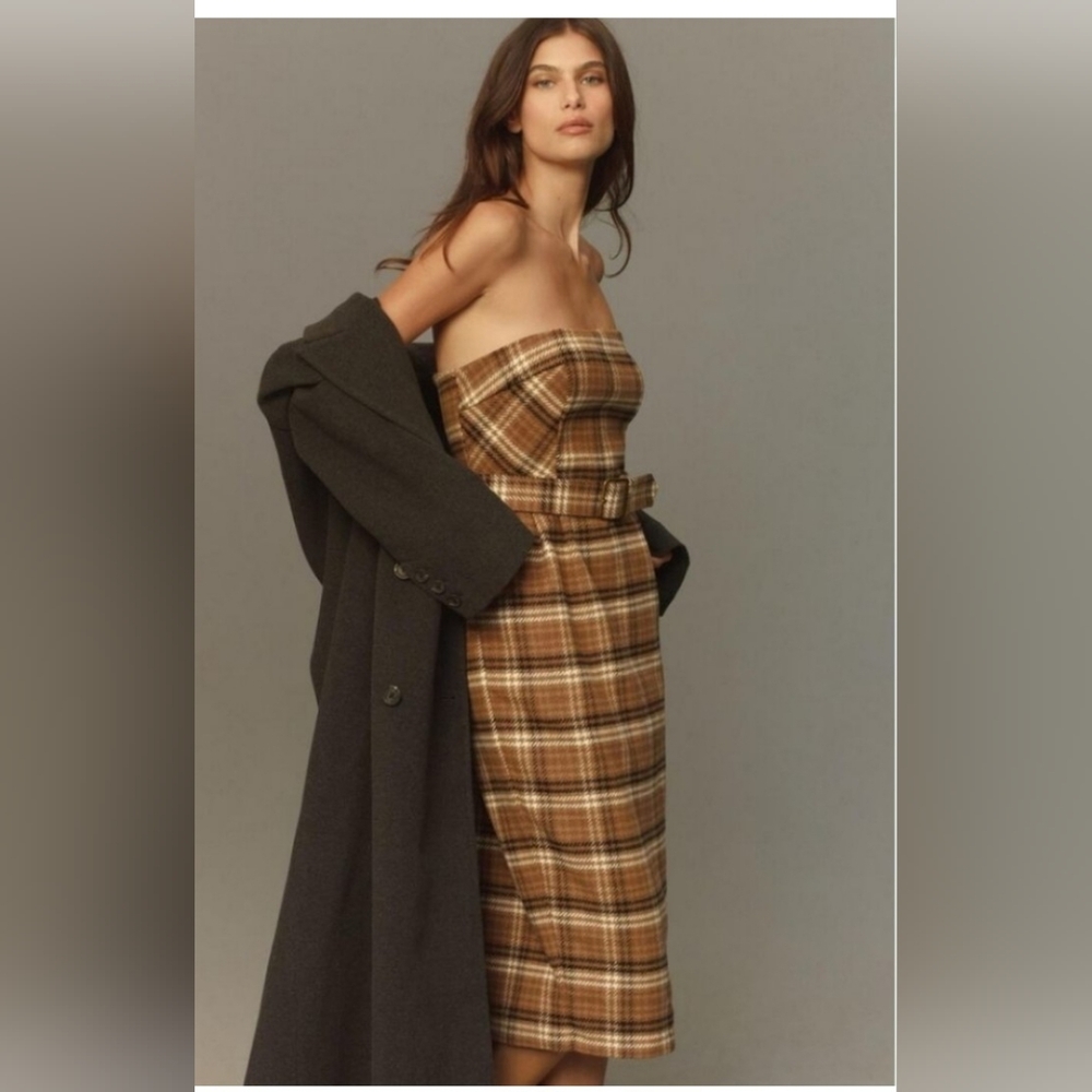 NWOT ANTHROPOLOGIE wool blend strapless plaid dress XS 0
